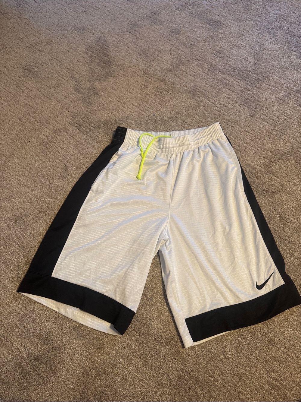 Nike Men’s White Athletic Shorts with Black Panels and Neon Yellow Drawstring